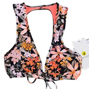 NWT | Floral Print Deep Plunge Tie Front Halter Bikini Bathing Suit Top | XSmall
